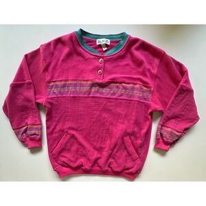 Vtg 80s Blast Henley Sweatshirt Magenta Pink Textured Knit Kangaroo Pocket M